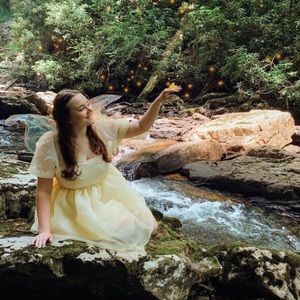 Yellow Womens Puff Sleeve Tulle Dress Princess Mini Dress